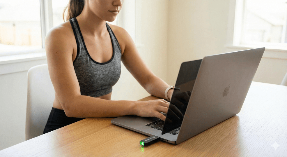 Woman in workout gear on a secure laptop.