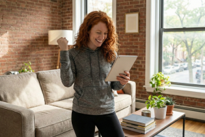 red-haired woman in sporty clothing looking at her tablet and declaring victory
