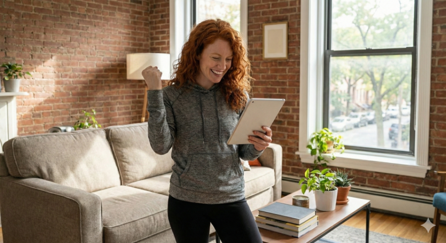 red-haired woman in sporty clothing looking at her tablet and declaring victory