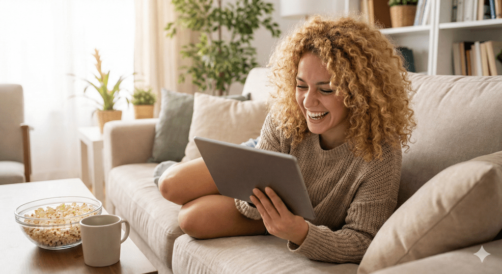 A young blonde woman enjoying her tablet.