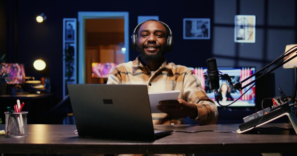 vlogger putting headphones on talking with social media followers