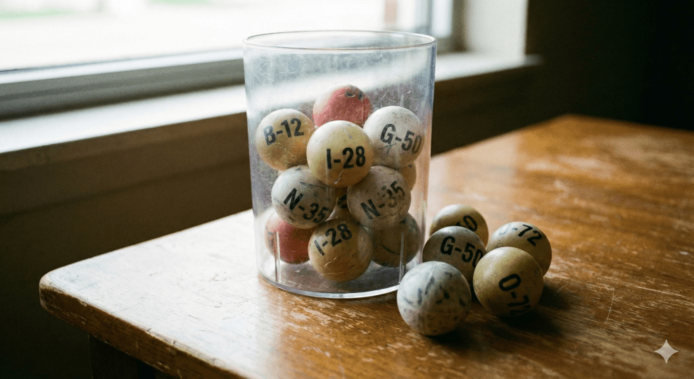 bingo balls inside and outside a glass chair on a wood table top
