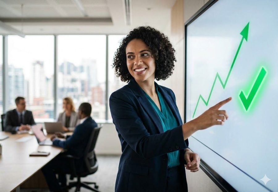 A confident businesswoman with dark curly hair points toward a large green upward-trending arrow on a clean, text-free glowing screen in a modern corporate office conference room, symbolizing effective sales execution and business growth success.