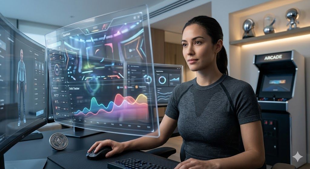 A woman gamer and trader analyzes transparent micro-LED screens showing complex, futuristic data visualizations and competitive gaming interfaces, representing the 2026 convergence of esports and wager mechanics.