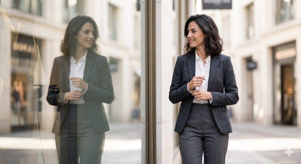 A professional woman with dark, wavy hair walks confidently down a bright city shopping street. She is wearing an impeccably tailored charcoal grey suit over a crisp white shirt and is adjusting her cuff. Her reflection is visible in the large glass window of a storefront to her left.