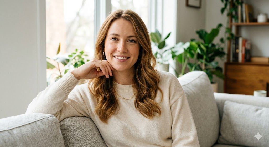 A high-quality, candid photograph of an attractive woman with warm, wavy brown hair, smiling genuinely at the camera in a sunlit, contemporary living room. Her expression conveys confidence and approachability.