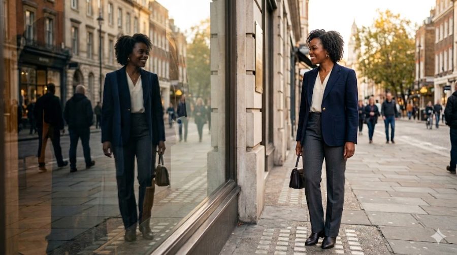 A professional, candid-style photo of a confident woman wearing a modern, impeccable tailored dark navy blazer and charcoal grey trousers, standing on a stylish city street. She has a genuine, self-assured smile and is looking towards her reflection in a shop window, showcasing the transformative effect of a perfect clothing fit.