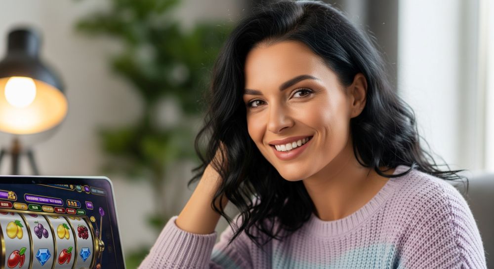 happy woman looking at the camera with online slots on her laptop screen
