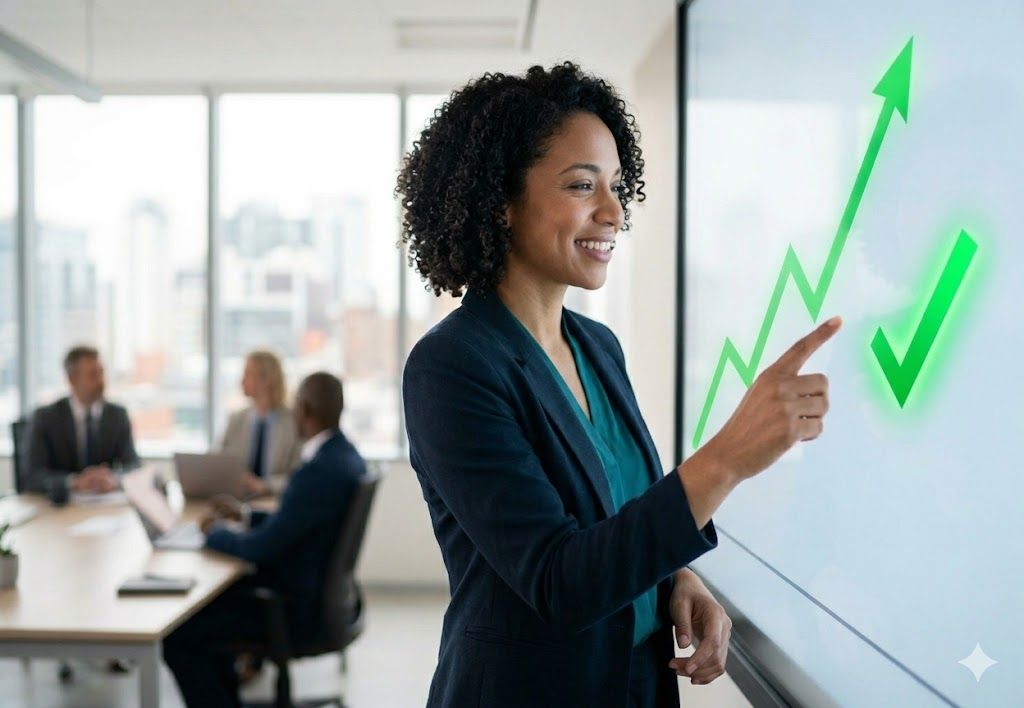 A close-up photograph of a professional businesswoman with curly hair, smiling as she gestures towards a luminous green rising arrow and checkmark displayed on a transparent glass surface within a modern, light-filled corporate office conference room, symbolizing effective sales execution.
