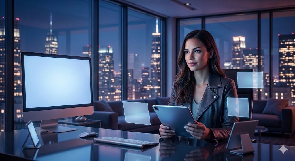 An attractive woman sits in a modern urban lounge, confidently analyzing multiple out-of-focus monitors displaying fragmented sports and esports data, implying high-stakes crypto betting decisions.
