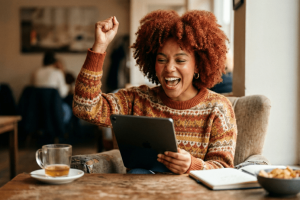 red-haired woman in a cafe shouting bingo after winning on her tablet