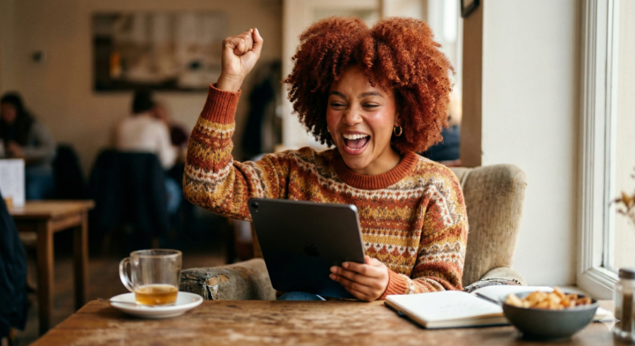 red-haired woman in a cafe shouting bingo after winning on her tablet