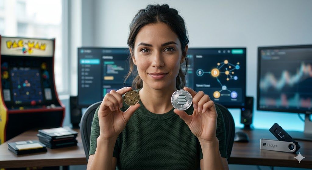 A woman with a confident smile holds a classic arcade token and a modern crypto coin, symbolizing the evolution of gaming economics from arcades to Web3.