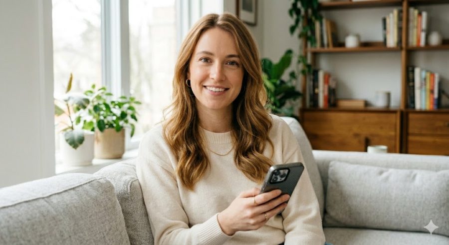 A smiling young woman with wavy brown hair, wearing a cream knit sweater, sits comfortably on a grey sofa at home. She holds a smartphone in her hands and looks at the camera. Sunlight streams in from a nearby window, illuminating the background filled with green houseplants and a wooden bookshelf with books.