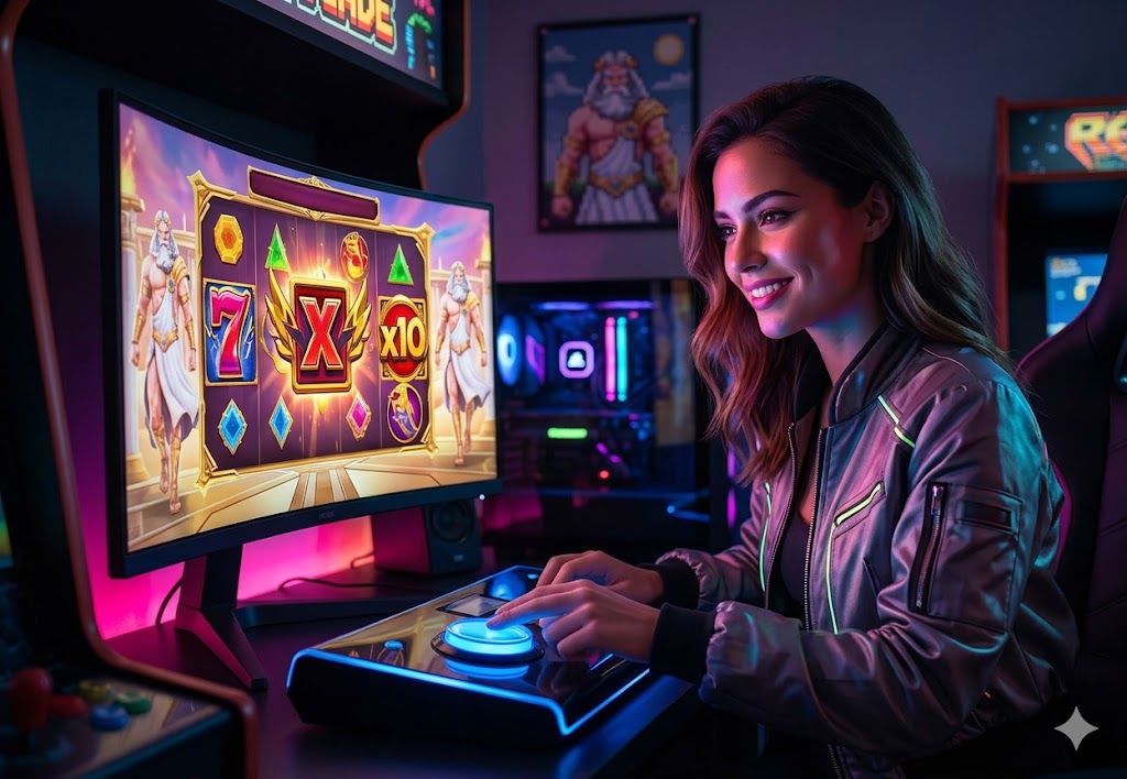 A stylish woman with a modern jacket and confident smile is playing a high-resolution, retro-inspired crypto slot game on a large, glowing curved monitor.