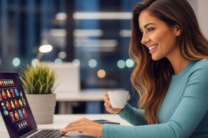 woman enjoying coffee and playing online slots on her laptop