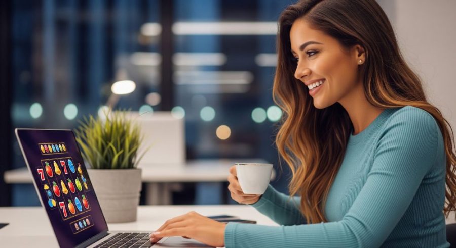 woman enjoying coffee and playing online slots on her laptop