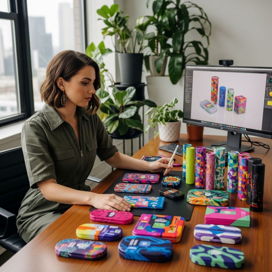 woman evaluating packaging and design options