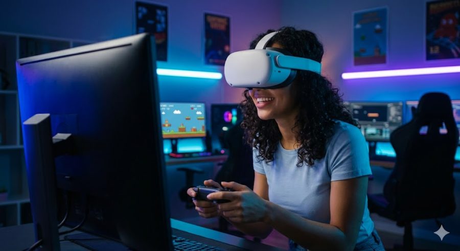 A photo of a smiling young woman wearing a virtual reality headset and holding a game controller, deeply engaged in a retro-style game. The setting is a dimly lit, modern home arcade room with vibrant neon blue and purple LED lighting, and a computer monitor showing the pixelated game interface.