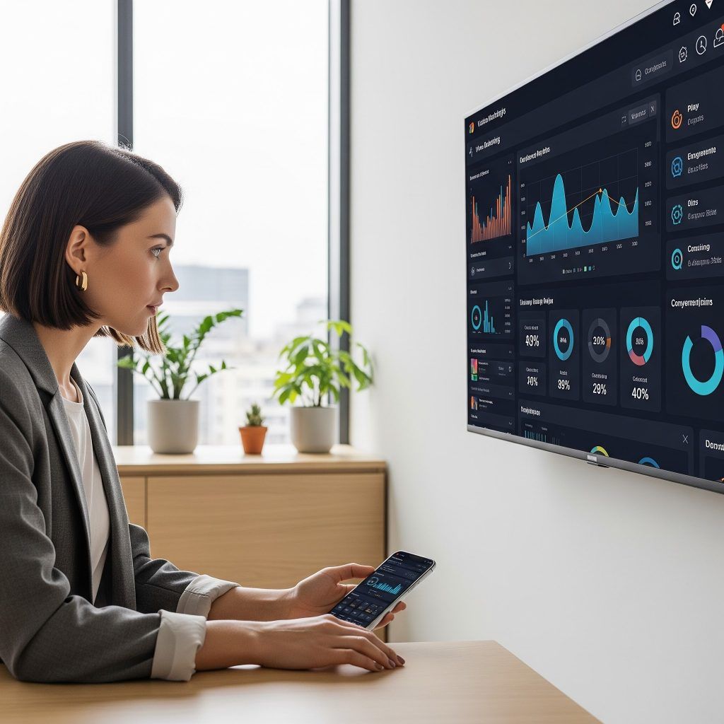 woman using her smartphone and large display to analyze analytics