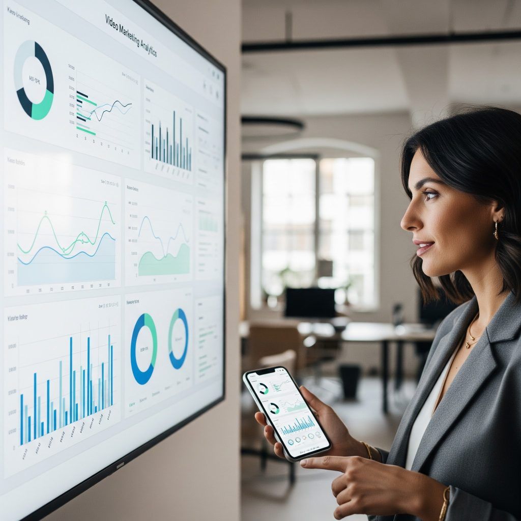 woman using her smartphone and large display to analyze analytics
