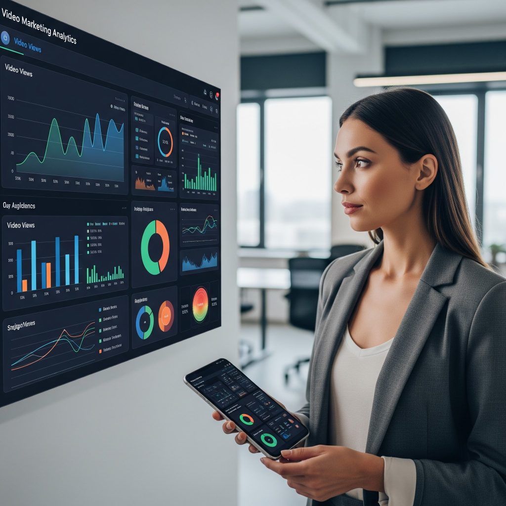 woman using her smartphone and large display to analyze analytics