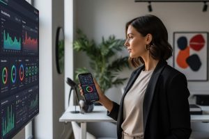 woman using her smartphone and large display to analyze analytics