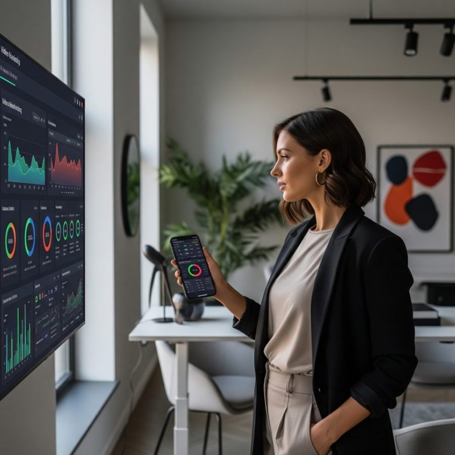 woman using her smartphone and large display to analyze analytics