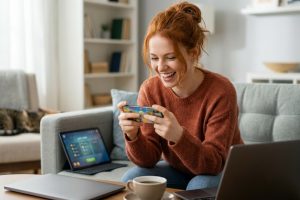 An attractive red-haired woman smiling and engrossed in playing a casual multiplayer game on her smartphone while relaxing at home on a cozy sofa.