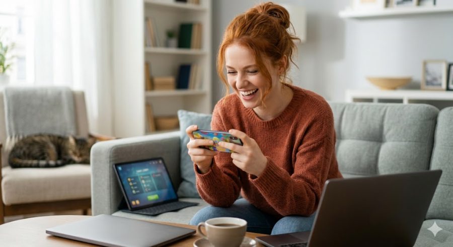 An attractive red-haired woman smiling and engrossed in playing a casual multiplayer game on her smartphone while relaxing at home on a cozy sofa.
