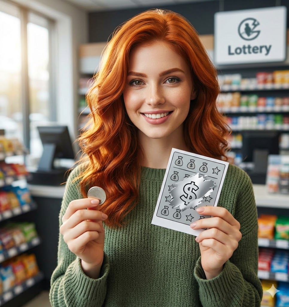 An attractive red-haired woman with wavy hair smiles while happily scratching a generic lottery ticket with a coin, in a brightly lit convenience store.