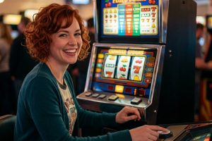 An attractive woman with short, curly red hair, styled in a visual blend of the reference photos (shorter and with light curls), is smiling broadly as she interacts with a colorful, vintage classic arcade slot machine in a bustling, retro-themed arcade. She is looking back over her shoulder, wearing a cheerful expression.