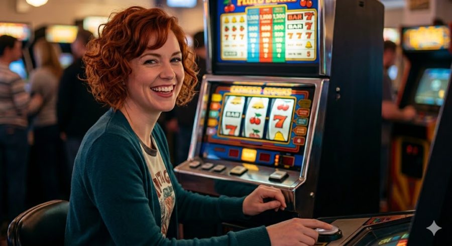 An attractive woman with short, curly red hair, styled in a visual blend of the reference photos (shorter and with light curls), is smiling broadly as she interacts with a colorful, vintage classic arcade slot machine in a bustling, retro-themed arcade. She is looking back over her shoulder, wearing a cheerful expression.