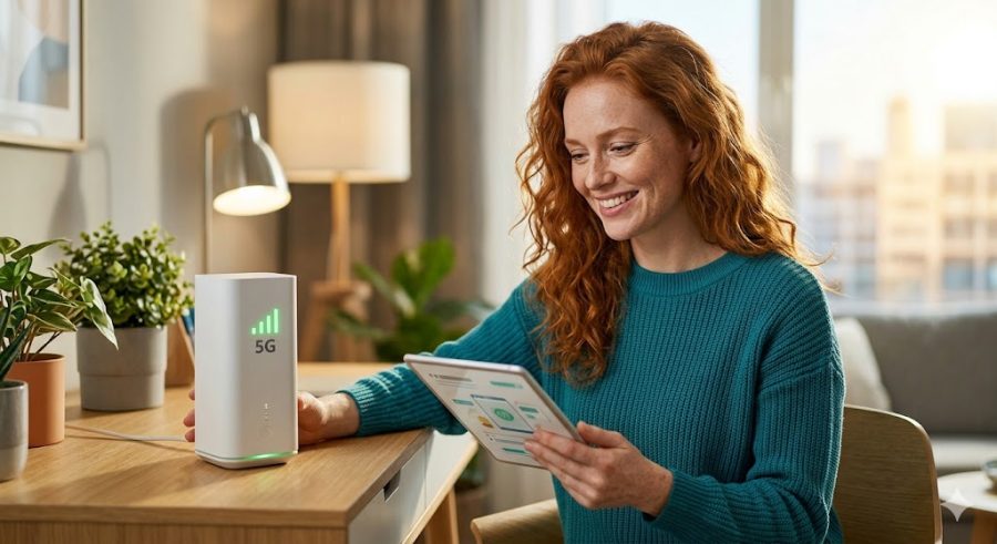 A vibrant stock photograph of a red-haired woman with freckles smiling and using a tablet next to a sleek 5G home router in a modern, sunlit living room.