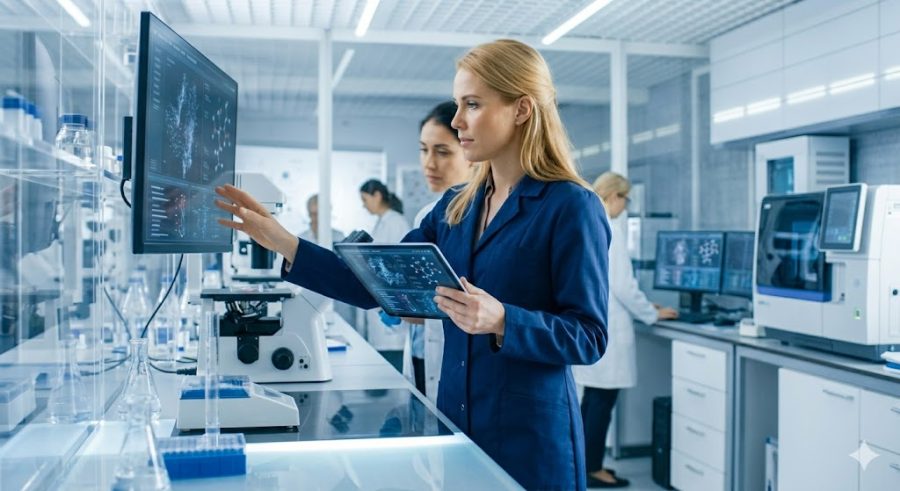A focused female scientist with golden-blonde hair working in a collaborative biomedical lab, highlighting the role of online peptides in modern medical research.