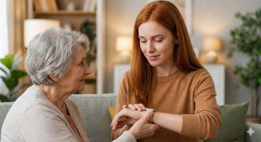 A compassionate red-haired caregiver gently checks a health-tracking wristwatch on an elderly woman with potential early-stage Alzheimer's in a warm domestic setting.