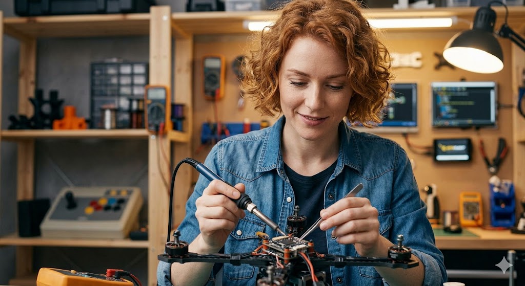 A woman with curly auburn hair, dressed in a denim shirt, works with a soldering iron and tweezers to assemble a custom autonomous drone in a detailed workshop environment.
