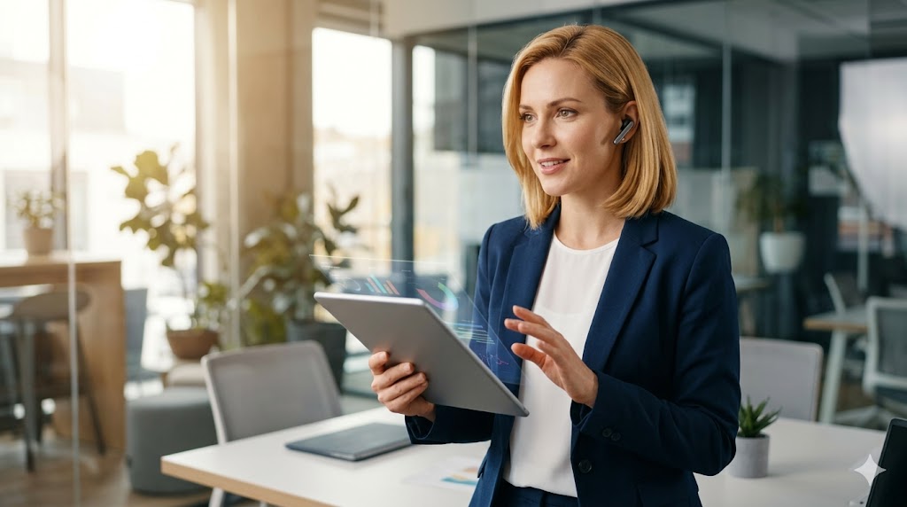 A polished blonde woman in a modern office corner, wearing a headset and actively gesturing over a tablet, delivering high-quality customer support.
