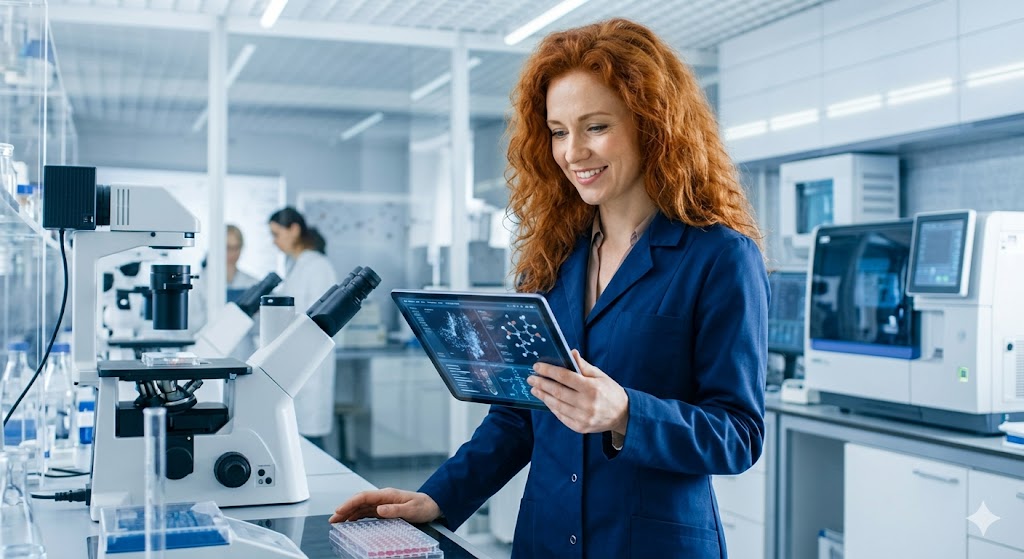 An engaged female scientist with vibrant red hair working in a modern biomedical laboratory, illustrating innovation in medical research.
