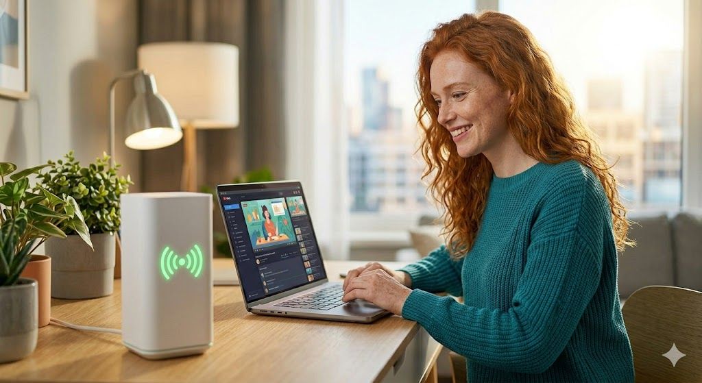 A recognizable red-haired woman smiling at a laptop screen in a modern sunlit apartment corner, with a white 5G router featuring a glowing radiating signal icon in the foreground, against a city background.