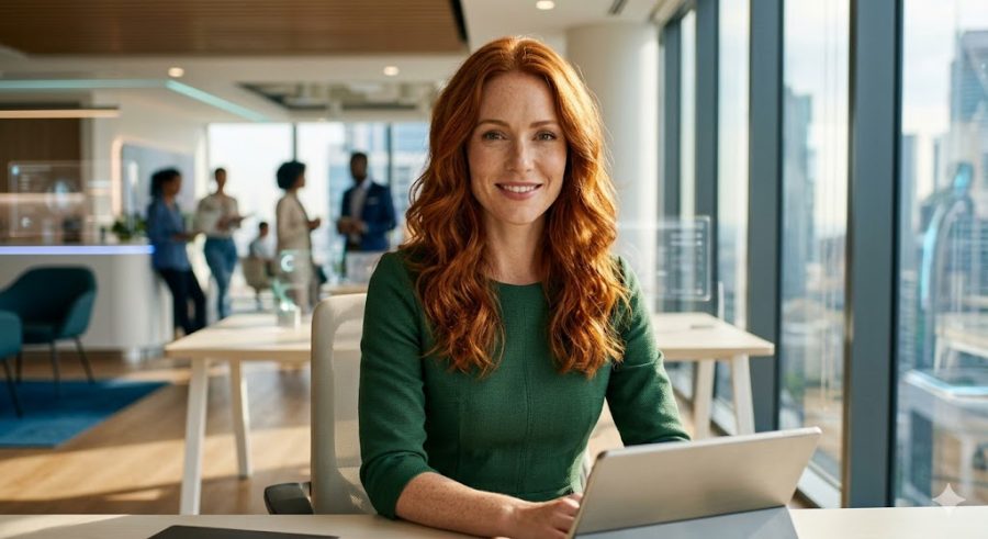 A confident professional woman with rich natural red hair smiling in a modern sun-drenched 2026 office environment, seated at a minimalist desk.