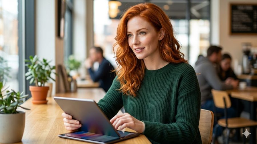 A confident woman with vibrant red hair and a warm smile, using a tablet at a modern café, representing modern digital service.