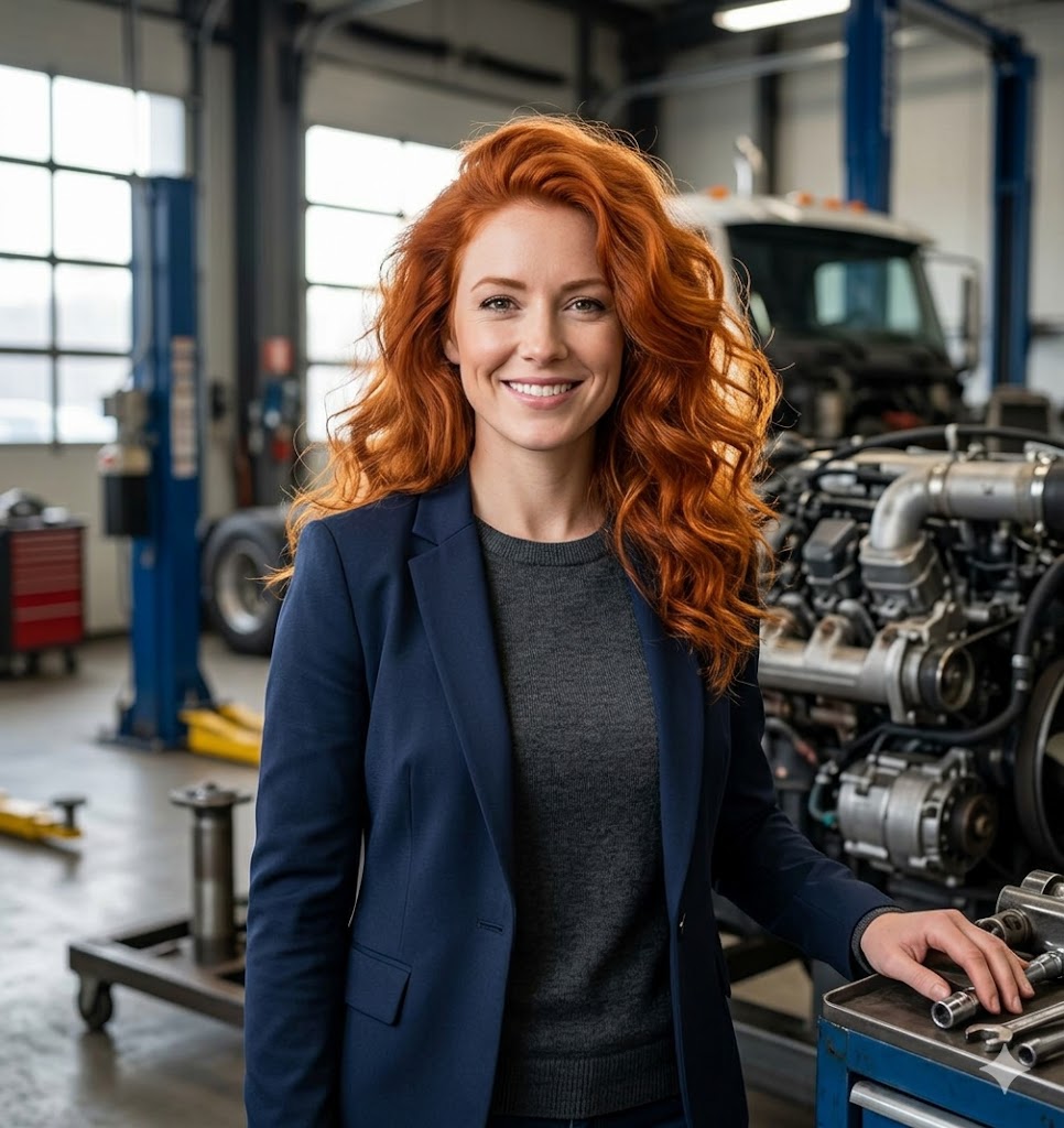An attractive red-haired woman stands confidently in a commercial truck maintenance facility with large engines.
