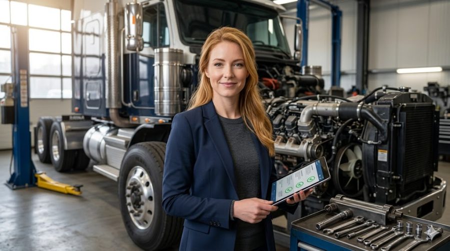 An attractive blonde woman stands confidently next to a large truck engine in a commercial repair garage.