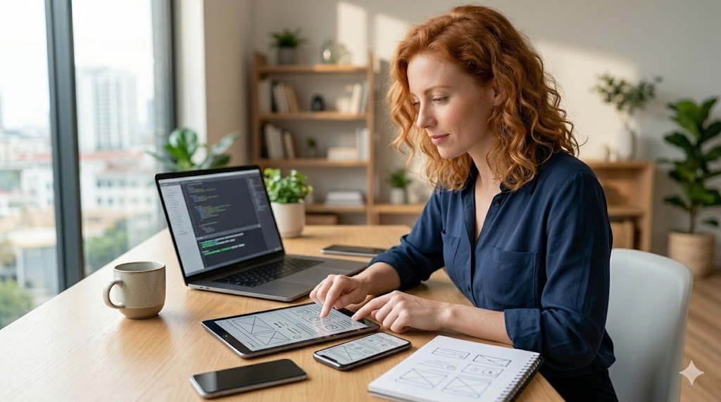 Confident woman with curly red hair focusing on testing a mobile app on multiple smartphones and tablets at a home office workstation, with a laptop in the background.