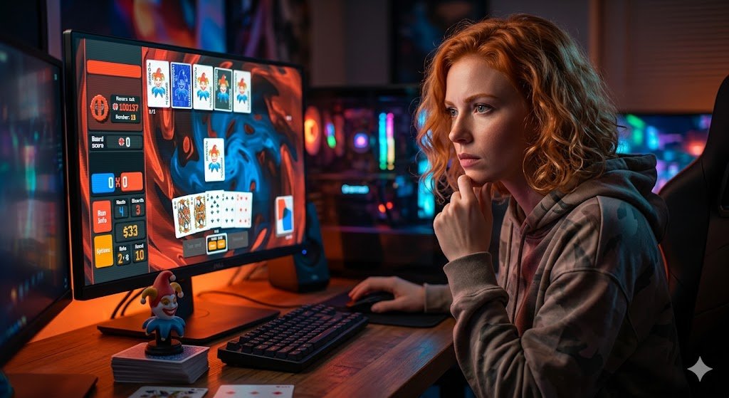 A deeply concentrated young woman with wavy red hair sits before a glowing computer screen showing the unique interface, cards, and jokers of the game Balatro. One hand is on a mouse, the other taps her chin, and a small joker figure is on the desk.