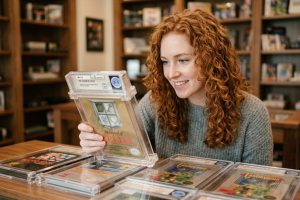 A woman with shoulder-length curly red hair intently examines several professionally graded and slabbed classic NES and N64 video games on a wooden display table.