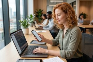 Confident woman with curly red hair, smiling at smartphone showing app prototype, at a modern tech workstation with a laptop and tablets, in a soft-focus co-working space.