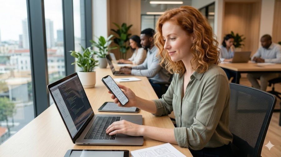 Confident woman with curly red hair, smiling at smartphone showing app prototype, at a modern tech workstation with a laptop and tablets, in a soft-focus co-working space.