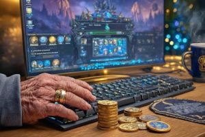 Close-up of a gamer's hand on a keyboard next to stacks of gold coins and a World of Warcraft mug, with the game displayed on the monitor in the background.
